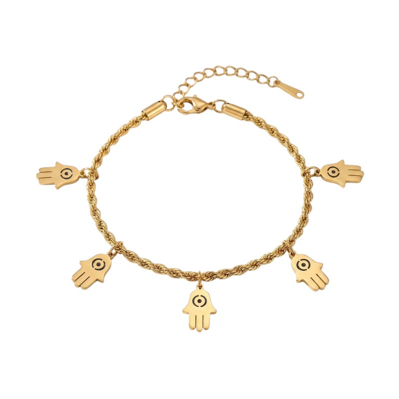 An elegant gold bracelet made of rust-resistant stainless steel, with a classic "braided" design from which five "hand of the hand" pendants dangle, with an adjustable clasp to suit you. - Image 1